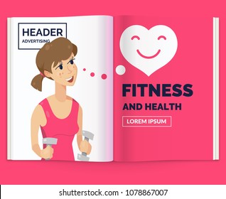 Realistic layout of the magazine. Open brochure with advertising for Fitness. Vector illustration.