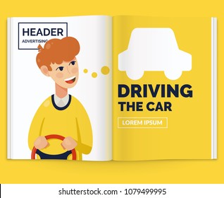 Realistic layout of the magazine. Open brochure with advertising driving the car.