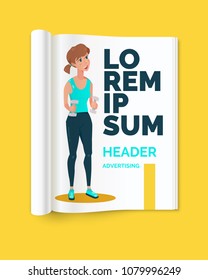 Realistic layout of the magazine. Open brochure with advertising for Fitness. Vector illustration.