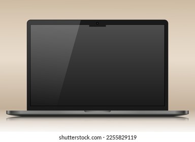 Realistic layout of a modern laptop in a dark silver thin metal case. A laptop with an empty black screen and reflection on a beige gradient background. Vector EPS 10.