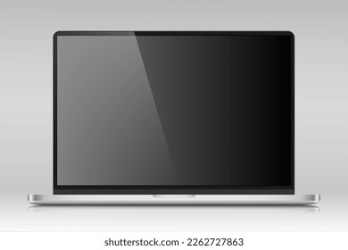 Realistic layout of a modern laptop in a silver metal case. A laptop with an empty black screen on a gray background. Vector illustration.