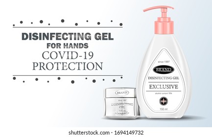 Realistic layout of plastic hand gel bottle for fighting COVID-19, alcohol hand gel, vector illustration