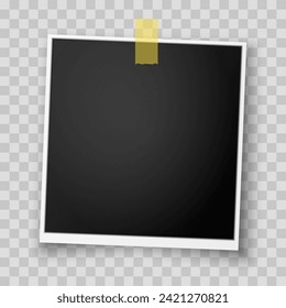 Realistic layout of Polaroid photo frame with adhesive tape on transparent background. Vintage postcard. The layout of an empty photo frame with a shadow. Vector EPS 10.