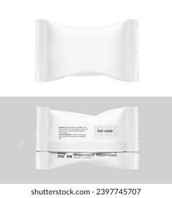 Realistic layouts of flow packaging for bars, candies, waffles. Front and rear views. Vector illustration on white and grey background. Easy to use for presentation your product, idea, design. EPS10.