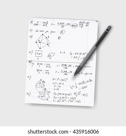 Realistic leaf of a notebook with formulas and the lying handle. A manual sketch on the pulled-out paper. An abstract background with school subject. Vector illustration.