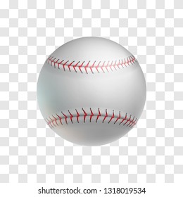 Realistic leather baseball ball isolated on transparent background. Sports equipment for american team game on grass field vector illustration. Sport competition and outdoors activity 3d object.