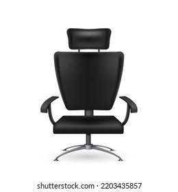 Realistic leather office chair. Comfortable seat for boss or employee isolated on white background. Ergonomic armchair for workplace on wheels. 3d vector illustration