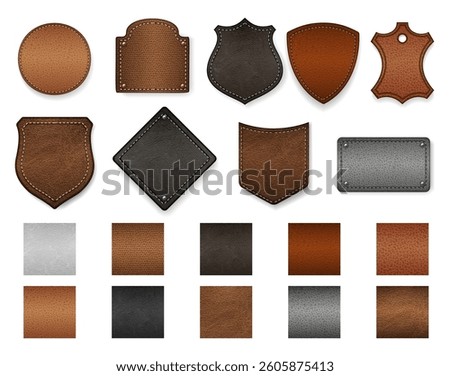 Realistic leather patches set. Vector isolated various shaped tags with stitches. Vintage badges from genuine skin with seams. Round, square and rectangle shape calfskin material samples