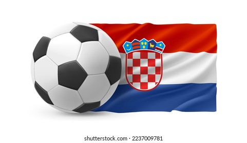 Realistic leather soccer ball with flag of Croatia on white background. 3d vector illustration 