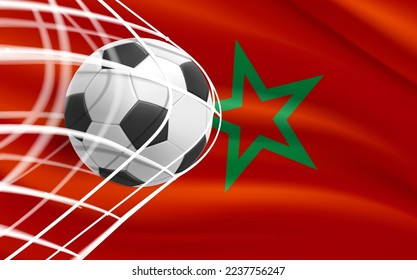 Realistic leather soccer ball in the net with flag of Morocco. 3d vector illustration 