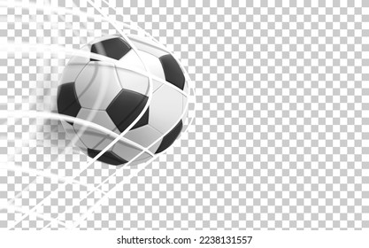 Realistic leather soccer ball in the net isolated on transparent background. 3d vector illustration 