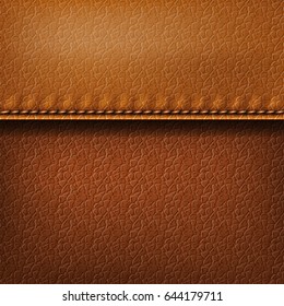 Realistic leather texture with a seam. Brown leather background with stitching. Vector illustration