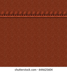 Realistic leather texture with a seam. Brown leather background with stitching. Vector illustration