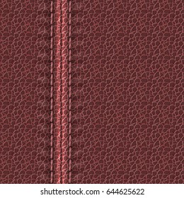 Realistic leather texture with a seam. Maroon leather background with stitching. Vector illustration