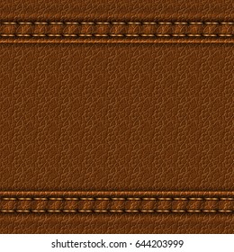 Realistic leather texture with two seams. Brown leather background with stitching. Vector illustration