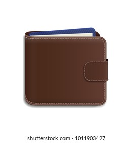 Realistic leather wallet logo vector. Brown purse icon for counting finance, remittance, payment, mobile bank, expenditure log