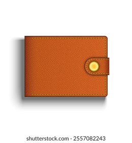 Realistic leather wallet orange color 3d vector illustration with textured surface, secure button clasp, and detailed stitching, perfect for financial themes, e-commerce, banking.