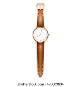 Realistic Leather Wrist Watch Vector Illustration on White Background