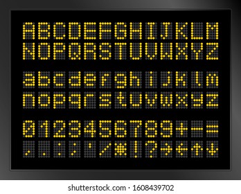 Realistic LED alphabet display. uppercase and lowercase letters and digits. Glowing departure board elements. Dotted time table or scoreboard. Airport or railway schedule. Vector illustration