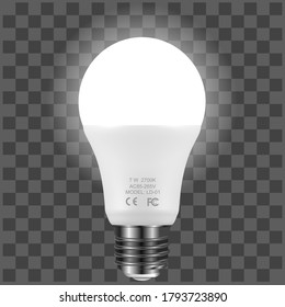 Realistische LED-Lampe mit Licht auf, einzeln auf transparentem Hintergrund. Vektorgrafik. (Etiketten können leicht entfernt werden)