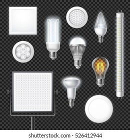 Realistic led lamps of different shape and size set isolated on transparent background vector illustration