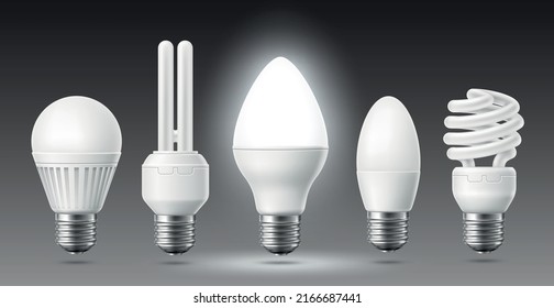 Realistic led lamps. Modern eco electricity elements, energy savings bulbs, different shapes lightbulbs, ecology technologies, responsible energy use, utter vector isolated 3d set