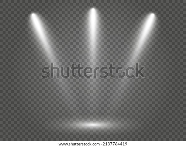 Realistic led lights from projector. Bright\
lighting with spotlights. Photometric effects with transparency.\
Vector illustration.