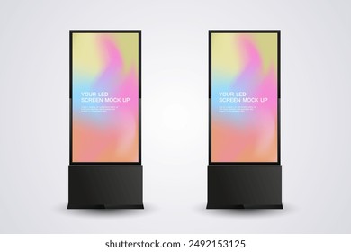 A realistic LED mock-up screen prominently displaying a gradient background. The LCD screen is placed at the center, with a sleek black frames