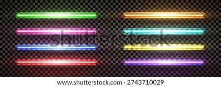 Realistic led neon horizontal tube light big pack isolated on transparent background. Cyan, green yellow, orange, blue purple, yellow and red detailed light. Vector illustration