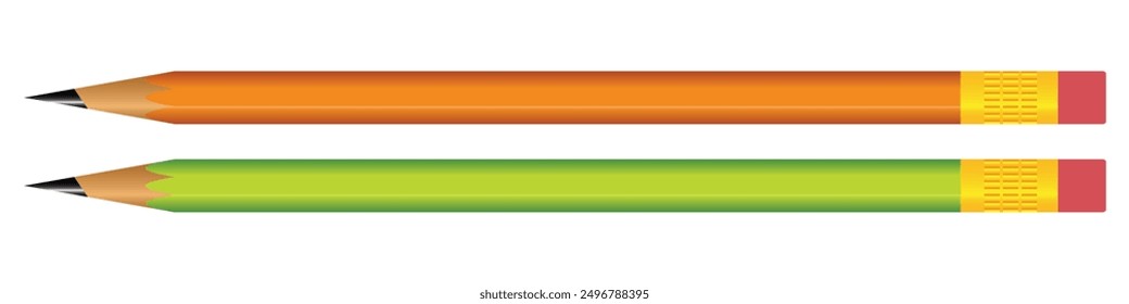 Realistic led pancil sharpened with a red rubber ban in orange and green color best for mockup. 