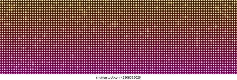 Realistic LED screen texture pattern. Vector illustration of large LCD display with glowing neon yellow and pink dot lights background. Panel with color pixel effect, digital board, television monitor