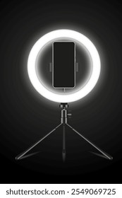 Realistisches LED Selfie Make-up Ringlicht. Smartphone-Halter, Ständer auf schwarzem Hintergrund