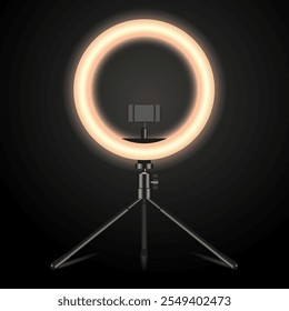 Realistic LED selfie makeup ring light. Smartphone holder, stand on black background