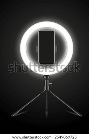 Realistic LED selfie makeup ring light. Smartphone holder, stand on black background