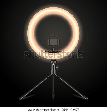 Realistic LED selfie makeup ring light. Smartphone holder, stand on black background