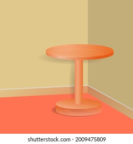 Realistic leg round wooden table isolate in the corner of the room. 