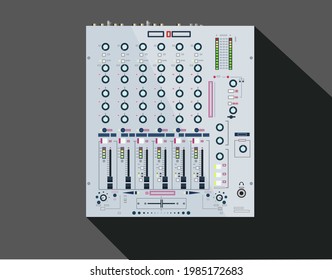 Realistic legendary DJ mixer. Nightclub theme. A device for connecting a synthesizer and a turntable. Vector illustration for club poster. Professional equipment for electronic music.