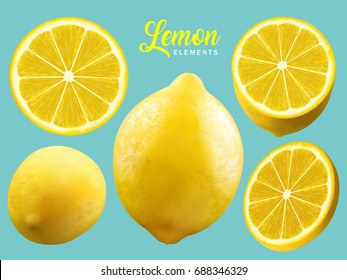 Realistic Lemon elements, natural and refreshing yellow lemon isolated on turquoise background, 3d illustration