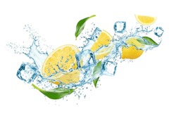 Realistic Lemon Fruit With Green Leaves, Water Splash And Ice Cubes, Capturing Essence Of Refreshing, Cool And Invigorating Citrus Experience. Isolated 3d Vector Flow Of Cold Liquid And Frozen Blocks
