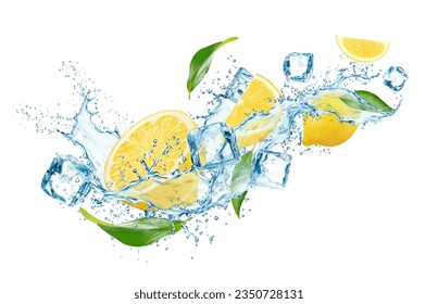 Realistic lemon fruit with green leaves, water splash and ice cubes, capturing essence of refreshing, cool and invigorating citrus experience. Isolated 3d vector flow of cold liquid and frozen blocks