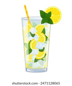 Realistic lemon fruit with green leaves, water splash and ice cubes. Cartoon lemonade. Realistic 3d illustration