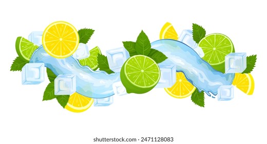 Realistic lemon fruit with green leaves, water splash and ice cubes. Cartoon lemonade. Realistic 3d illustration