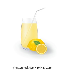 Realistic Lemon Fruit Juice in Glass Straw Healthy Organic Drink Illustration
