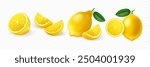 Realistic lemon fruits. Set of whole, slice, piece of lemon with green leaves isolated on transparent background. Fresh, juicy, ripe citrus collection.