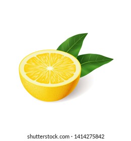 Realistic lemon with green leaf half sliced, sour fresh fruit, bright yellow peel, lemon vector illustration isolated on white background