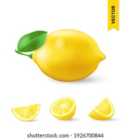 Realistic lemon with green leaf, whole and sliced. Vector illustration