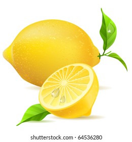 Realistic lemon and half with leaves