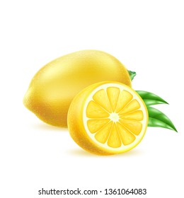 Realistic lemon with leaves. Juicy yellow citrus fruit full of vitamins. Fresh organic food for healthy eating. Whole and sliced half ripe fruit. Food package, restaurant menu vector design.