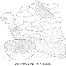 Realistic lemon lime pie slice with cream sketch template. Cartoon cake, food vector illustration in black and white for games, background, pattern, decor. Coloring paper, page, story book, print