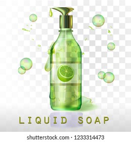 Realistic lemon liquid soap. Lime soap. 3d. Plastic bottle with label. Bubbles. Water drops. Green textures. For designers.